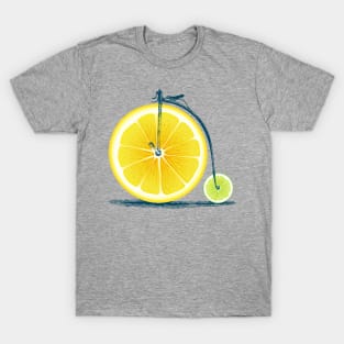 Vintage Lemon Lime Bike with Retro Cycle Frame Look and Lemon and Green Citrus Wheels, where you sit on Top of Lemon T-Shirt